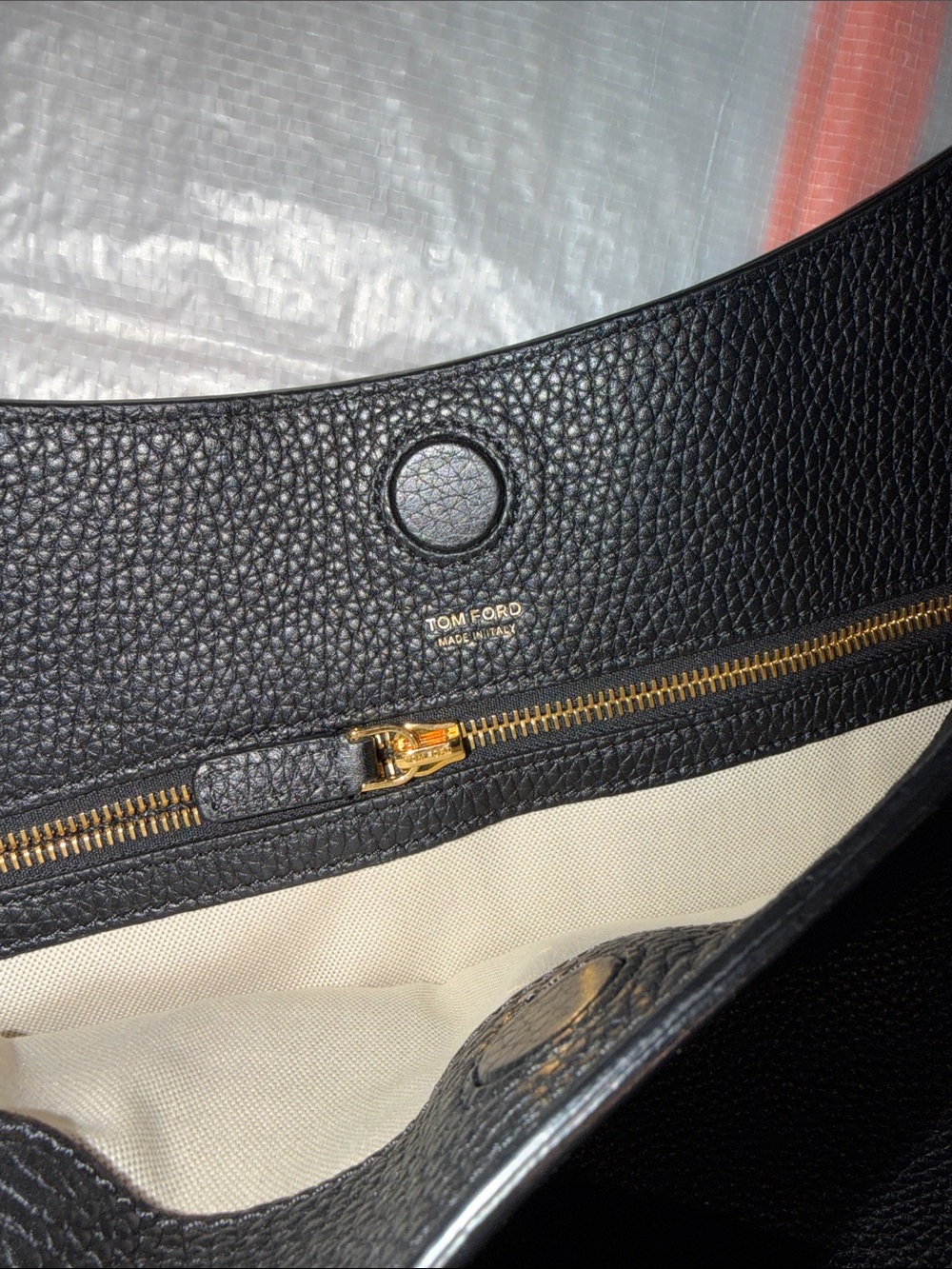 Tom Ford | Black Tote Pebbled Calfskin Leather Shoulder Bag with Gold Zip Detail - Picture 2 of 5